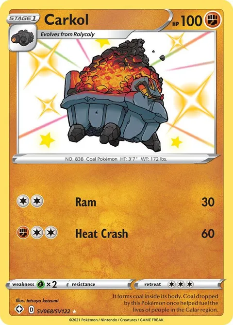 Carkol #SV068/SV122 Holofoil Pokémon card from Shining Fates: Shiny Vault