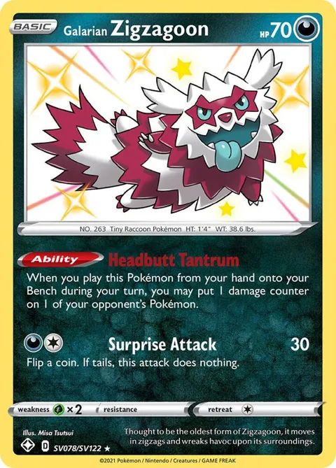 Galarian Zigzagoon #SV078/SV122 Holofoil Pokémon card from Shining Fates: Shiny Vault