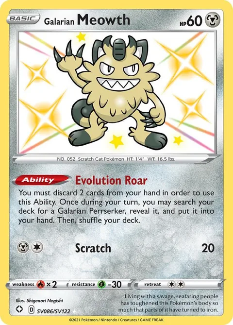 Galarian Meowth #SV086/SV122 Holofoil Pokémon card from Shining Fates: Shiny Vault