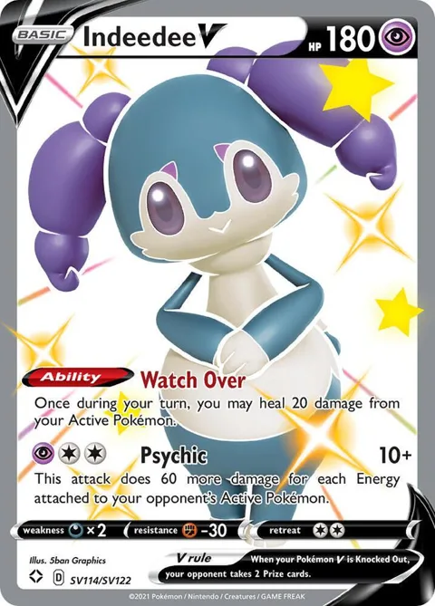 Indeedee V #SV114/SV122 Holofoil Pokémon card from Shining Fates: Shiny Vault