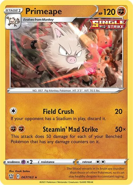 Primeape #067/163 Reverse Holofoil Pokémon card from Battle Styles