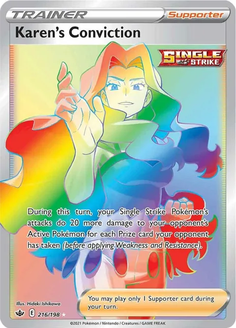 Karen's Conviction Secret Rare #216/198 Holofoil Pokémon card from Chilling Reign