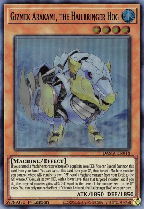 Gizmek Arakami, the Hailbringer Hog DAMA-EN018 Yu-Gi-Oh card from Dawn of Majesty