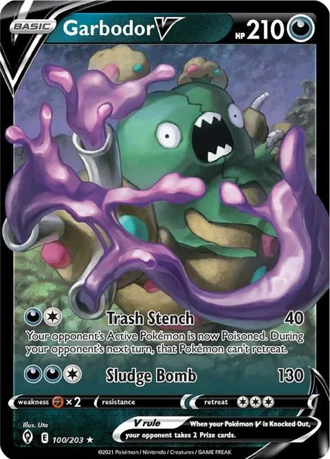 Garbodor V #100/203 Holofoil Pokémon card from Evolving Skies