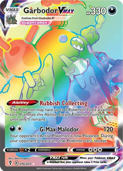 Garbodor VMAX Secret Rare #216/203 Holofoil Pokémon card from Evolving Skies