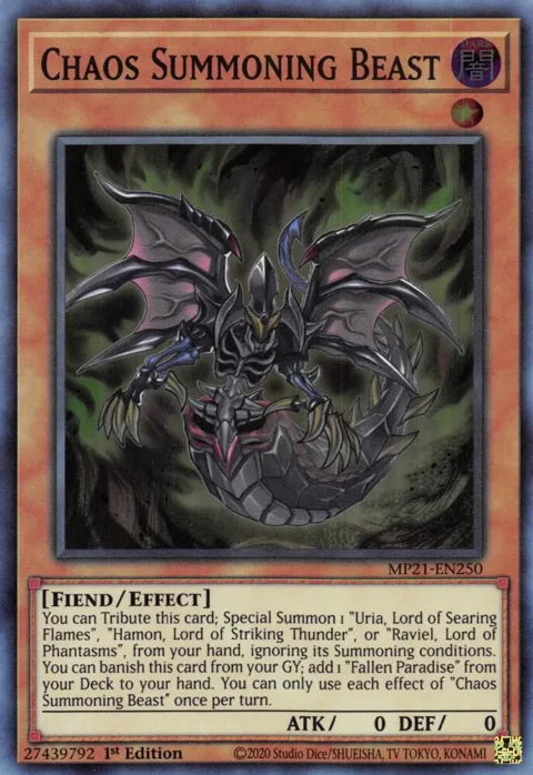 Chaos Summoning Beast MP21-EN250 Yu-Gi-Oh card from 2021 Tin of Ancient Battles