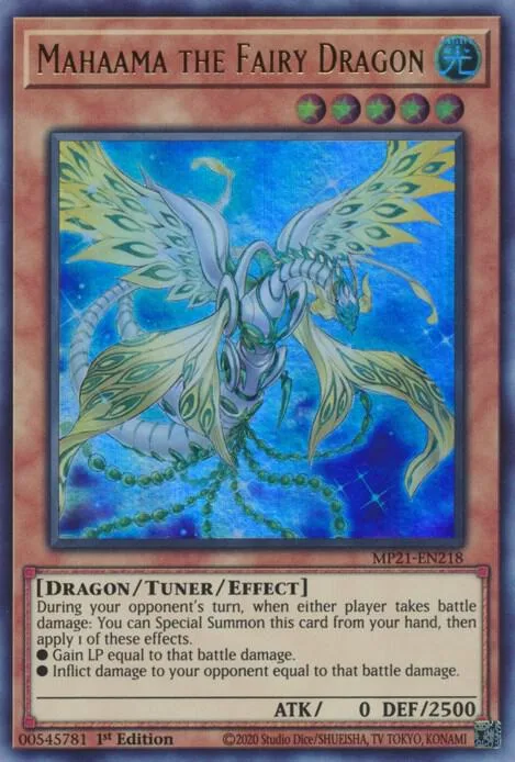Mahaama the Fairy Dragon MP21-EN218 Yu-Gi-Oh card from 2021 Tin of Ancient Battles