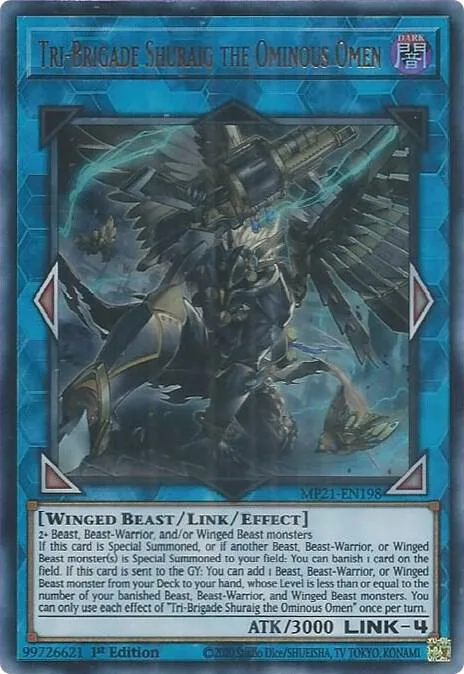 Tri-Brigade Shuraig the Ominous Omen MP21-EN198 Yu-Gi-Oh card from 2021 Tin of Ancient Battles