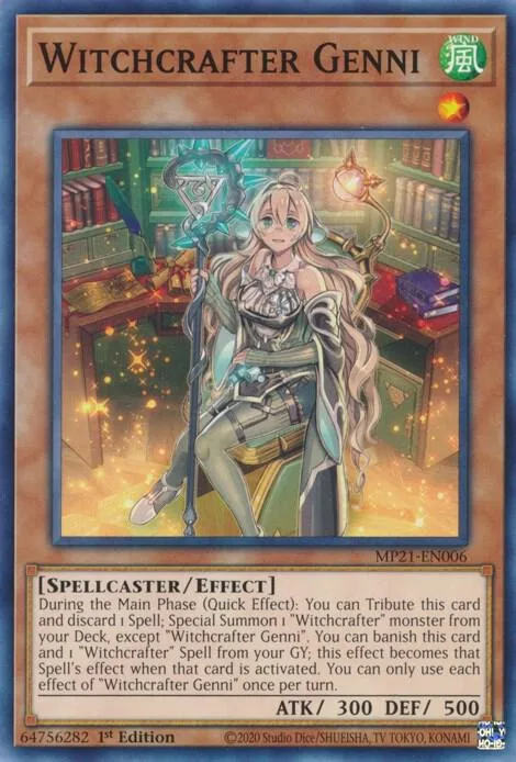 Witchcrafter Genni MP21-EN006 Yu-Gi-Oh card from 2021 Tin of Ancient Battles