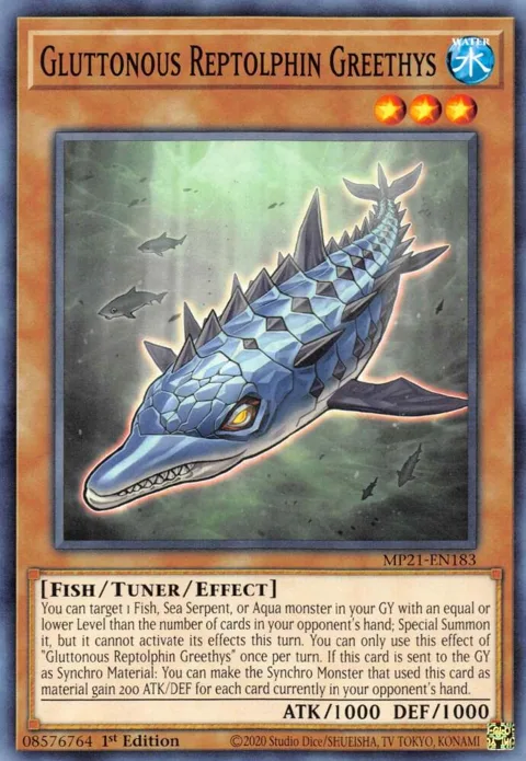 Gluttonous Reptolphin Greethys MP21-EN183 Yu-Gi-Oh card from 2021 Tin of Ancient Battles