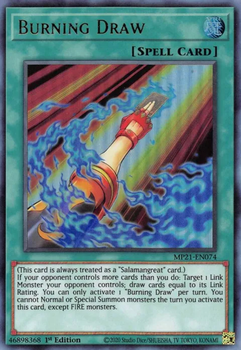 Burning Draw MP21-EN074 Yu-Gi-Oh card from 2021 Tin of Ancient Battles