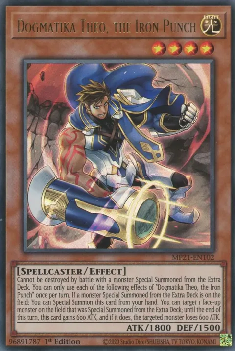 Dogmatika Theo, the Iron Punch MP21-EN102 Yu-Gi-Oh card from 2021 Tin of Ancient Battles