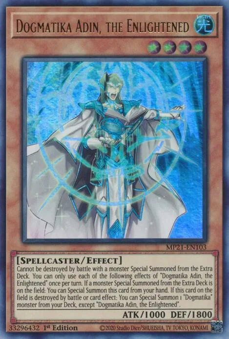 Dogmatika Adin, the Enlightened MP21-EN103 Yu-Gi-Oh card from 2021 Tin of Ancient Battles