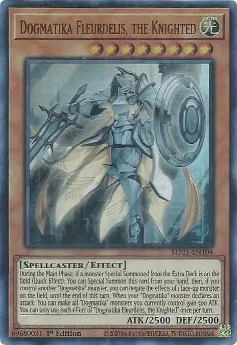 Dogmatika Fleurdelis, the Knighted MP21-EN104 Yu-Gi-Oh card from 2021 Tin of Ancient Battles