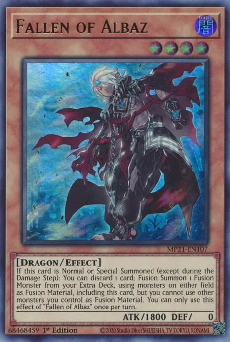 Fallen of Albaz MP21-EN107 Yu-Gi-Oh card from 2021 Tin of Ancient Battles