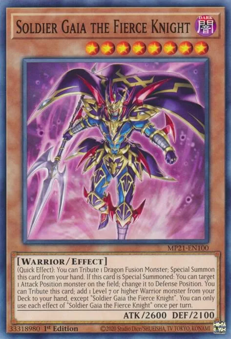 Soldier Gaia The Fierce Knight MP21-EN100 Yu-Gi-Oh card from 2021 Tin of Ancient Battles