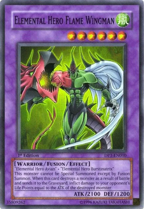 Elemental HERO Flame Wingman DP1-EN010 Unlimited Yu-Gi-Oh card from Duelist Pack 1: Jaden Yuki