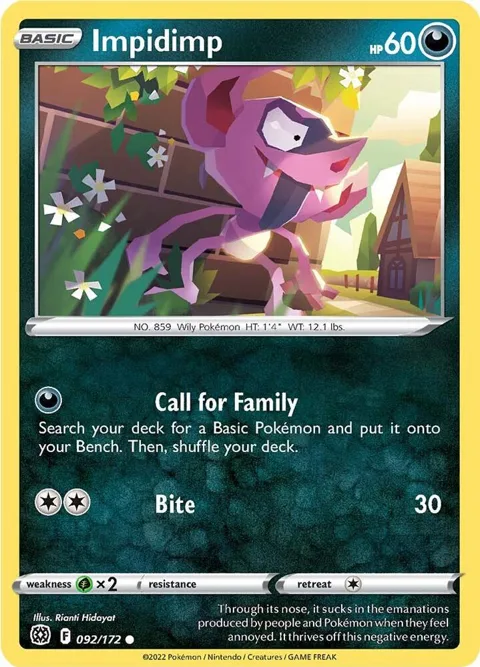 Impidimp #092/172 Reverse Holofoil Pokémon card from Brilliant Stars