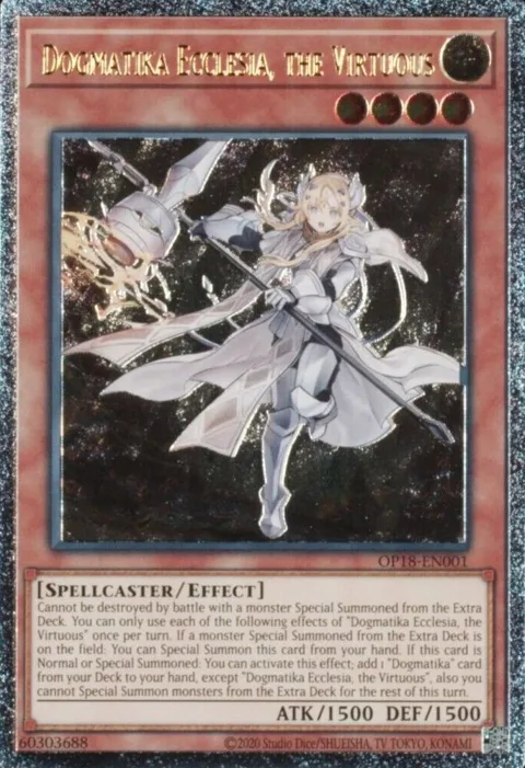 Dogmatika Ecclesia, the Virtuous Ultimate Rare OP18-EN001 Yu-Gi-Oh card from OTS Tournament Pack 18