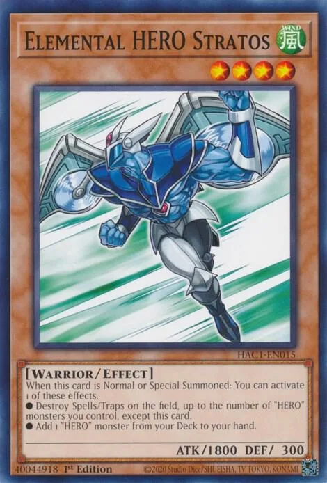 Elemental HERO Stratos HAC1-EN015 Yu-Gi-Oh card from Hidden Arsenal: Chapter 1