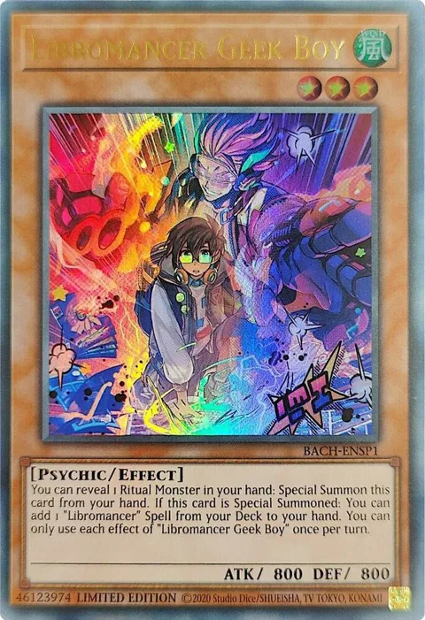 Libromancer Geek Boy Premier Edition BACH-ENSP1 Yu-Gi-Oh card from Battle of Chaos