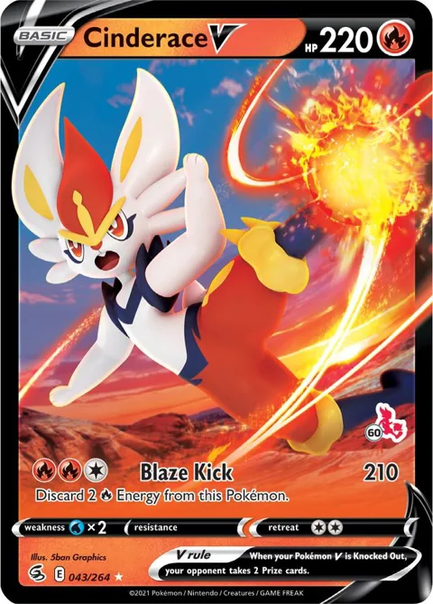Cinderace V - 043/264 #60 Cinderace Stamped #043/264 Holofoil Pokémon card from Battle Academy 2022