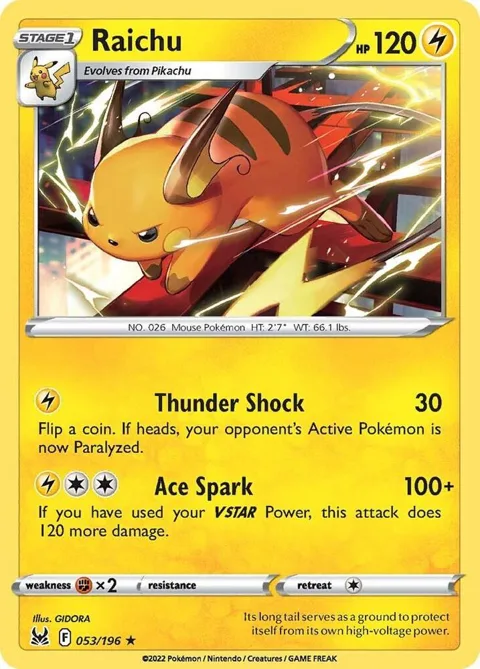 Raichu #053/196 Reverse Holofoil Pokémon card from Lost Origin
