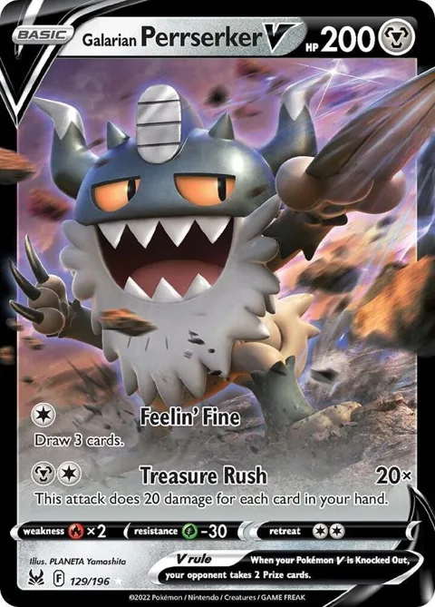 Galarian Perrserker V #129/196 Holofoil Pokémon card from Lost Origin