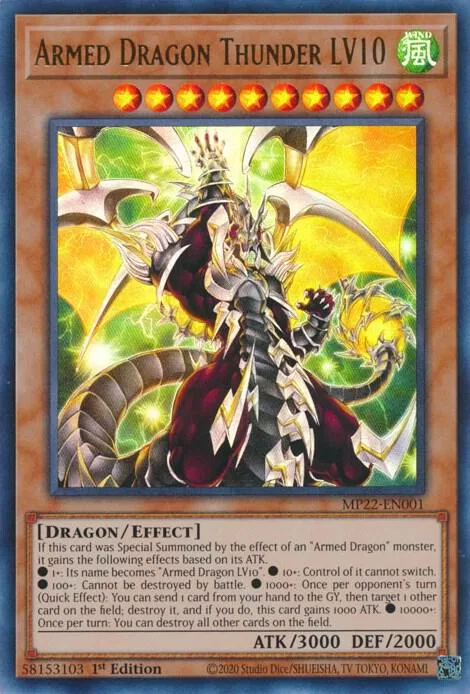 Armed Dragon Thunder LV10 MP22-EN001 Yu-Gi-Oh card from 2022 Tin of the Pharaoh's Gods