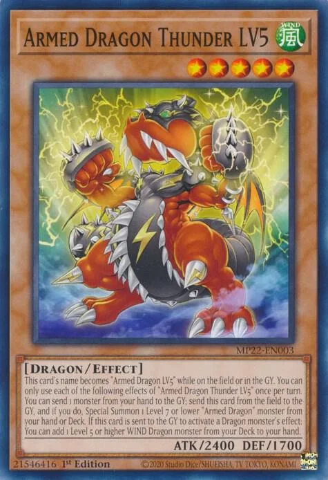 Armed Dragon Thunder LV5 MP22-EN003 Yu-Gi-Oh card from 2022 Tin of the Pharaoh's Gods