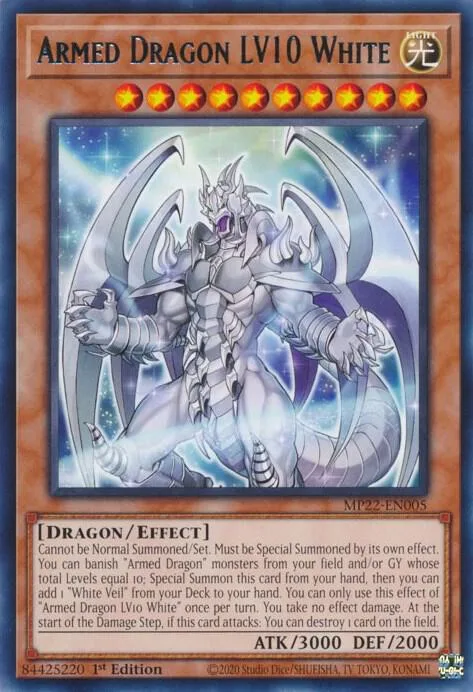 Armed Dragon LV10 White MP22-EN005 Yu-Gi-Oh card from 2022 Tin of the Pharaoh's Gods