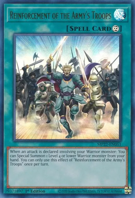 Reinforcement of the Army's Troops MP22-EN051 Yu-Gi-Oh card from 2022 Tin of the Pharaoh's Gods