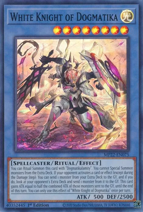 White Knight of Dogmatika MP22-EN075 Yu-Gi-Oh card from 2022 Tin of the Pharaoh's Gods