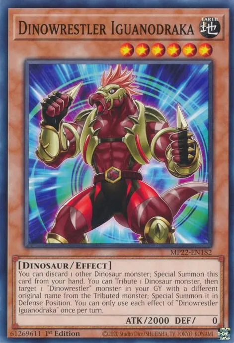 Dinowrestler Iguanodraka MP22-EN182 Yu-Gi-Oh card from 2022 Tin of the Pharaoh's Gods