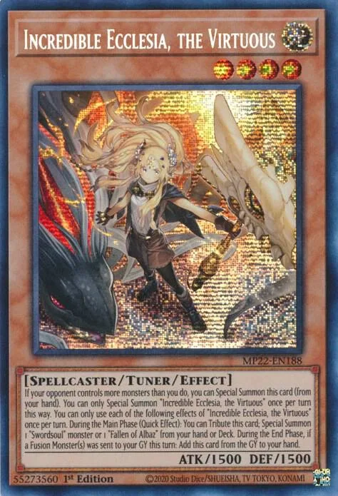Incredible Ecclesia, the Virtuous MP22-EN188 Yu-Gi-Oh card from 2022 Tin of the Pharaoh's Gods
