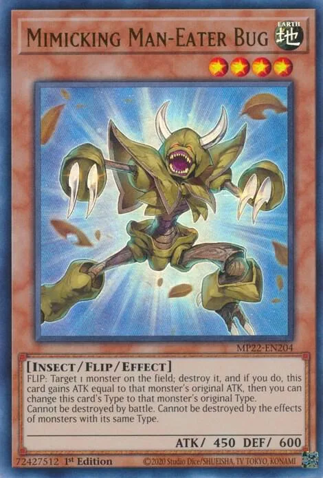 Mimicking Man-Eater Bug MP22-EN204 Yu-Gi-Oh card from 2022 Tin of the Pharaoh's Gods