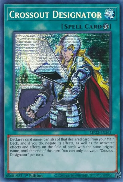 Crossout Designator MP22-EN265 Yu-Gi-Oh card from 2022 Tin of the Pharaoh's Gods