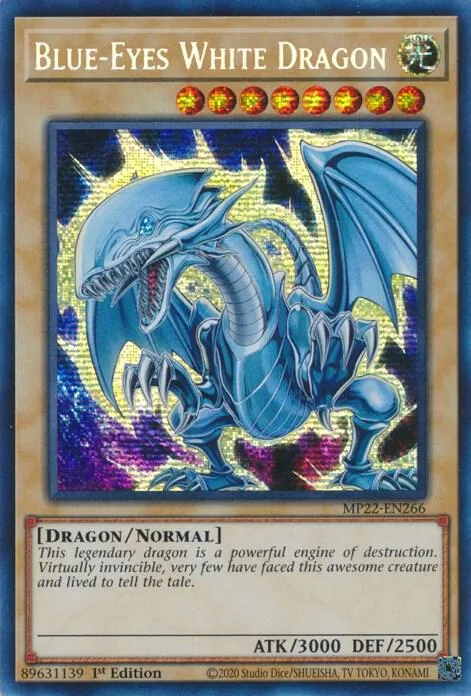 Blue-Eyes White Dragon MP22-EN266 Yu-Gi-Oh card from 2022 Tin of the Pharaoh's Gods