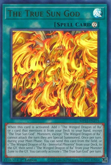 The True Sun God MP22-EN275 Yu-Gi-Oh card from 2022 Tin of the Pharaoh's Gods
