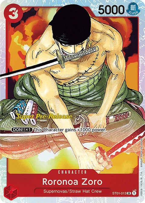 Roronoa Zoro ST01-013 Super Pre-Release One Piece card from Super Pre-Release Starter Deck 1: Straw Hat Crew
