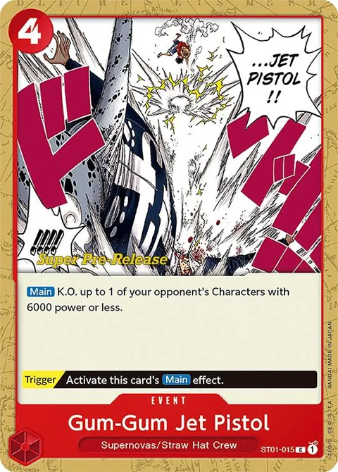 Gum-Gum Jet Pistol ST01-015 Super Pre-Release One Piece card from Super Pre-Release Starter Deck 1: Straw Hat Crew