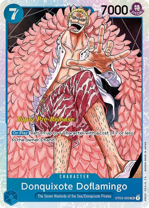Donquixote Doflamingo ST03-009 Super Pre-Release One Piece card from Super Pre-Release Starter Deck 3: The Seven Warlords of the Sea