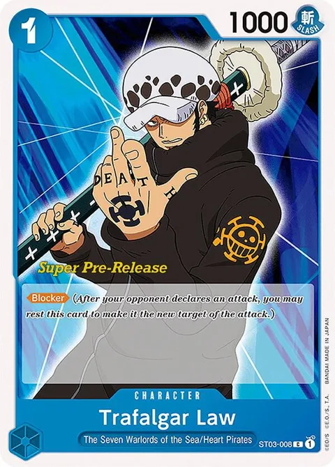 Trafalgar Law ST03-008 Super Pre-Release One Piece card from Super Pre-Release Starter Deck 3: The Seven Warlords of the Sea