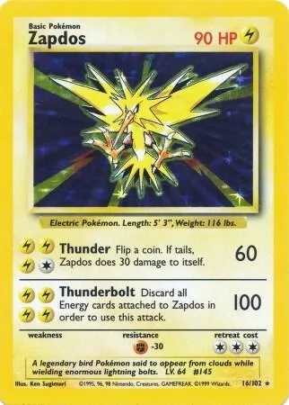 Zapdos #016/102 Holofoil Pokémon card from Base Set