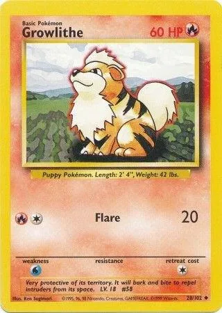 Growlithe #028/102 Pokémon card from Base Set