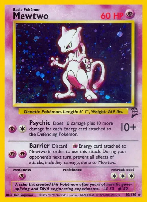 Mewtwo #010/130 Holofoil Pokémon card from Base Set 2