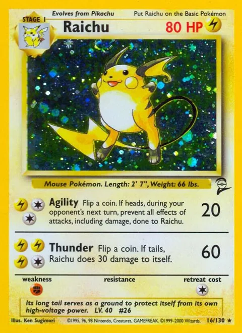 Raichu #016/130 Holofoil Pokémon card from Base Set 2