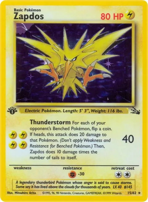 Zapdos 15 #15/62 1st Edition Holofoil Pokémon card from Fossil