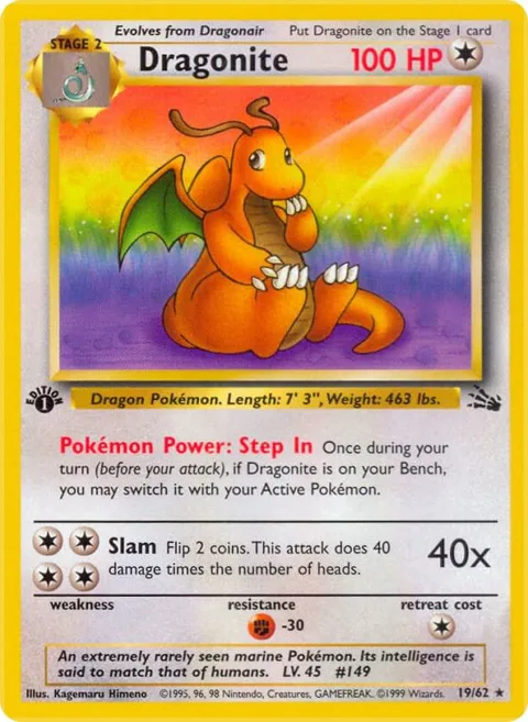 Dragonite 19 #19/62 1st Edition Pokémon card from Fossil