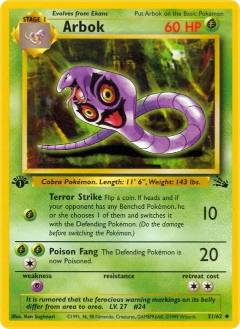 Arbok #31/62 1st Edition Pokémon card from Fossil